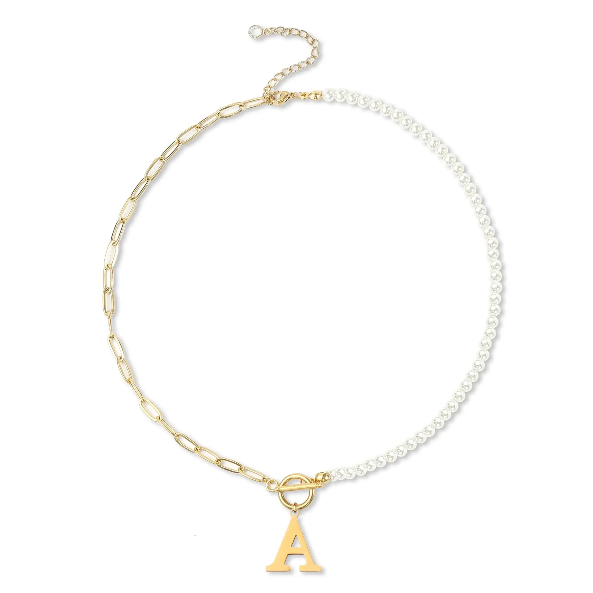 Gold Plated Paperclip Link Chain Necklace OT Buckle Dainty Pearl Chain Initial Letter Pendant Necklaces for Women