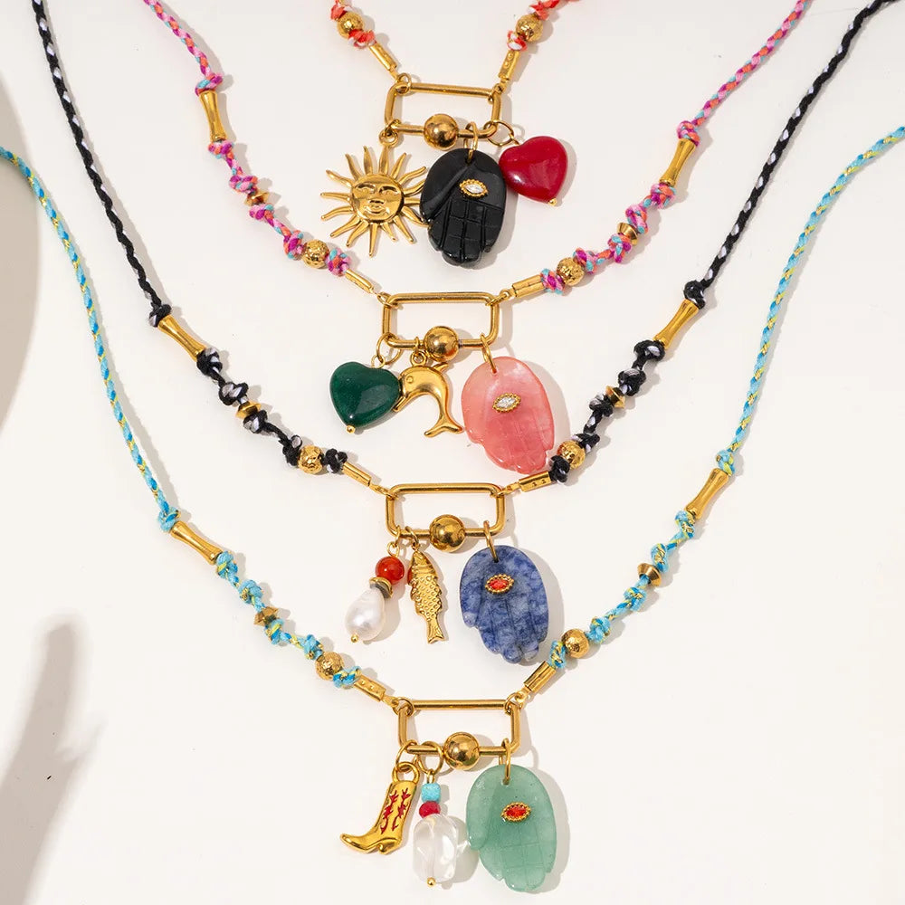 Retro 18k Gold Plated Colorful Rope Palm Eye Pendant Women's Necklace Stainless Steel Natural Stone Fatima Hand Pendant Necklace