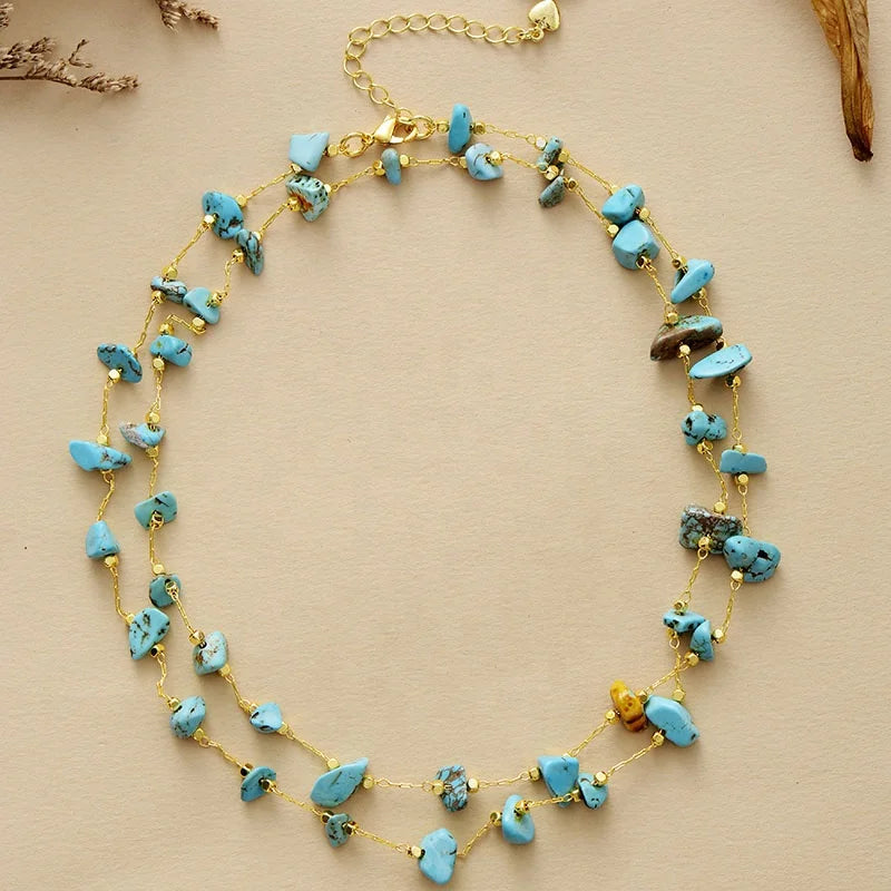 Handmade Ethnic Statement Necklaces in Gold Plated Turquoise Brass Chain Beads Gifts Anniversaries Jewelry Collarbone Necklace