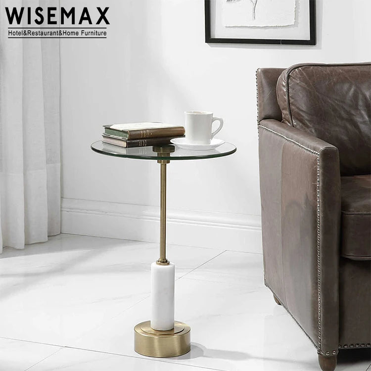 WISEMAX FURNITURE Factory Living Room Round Side Coffee Table Tempered Glass Top with Marble and Stainless Steel Base Tables