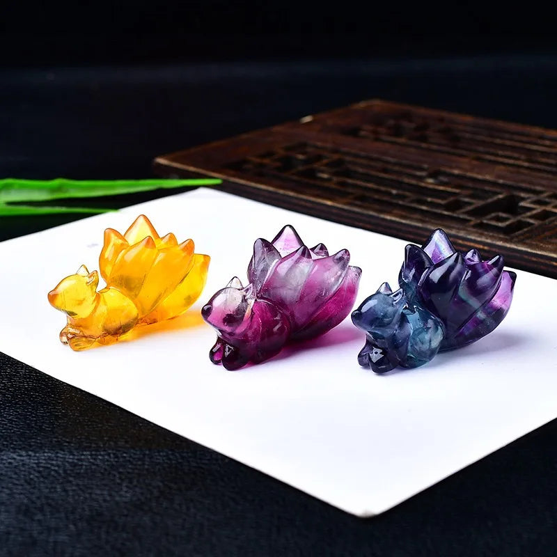 Natural Fluorite Nine-tailed fox Small Statue Original Stone Carving Suitable for Home Living Room and Office Desktop Decoration