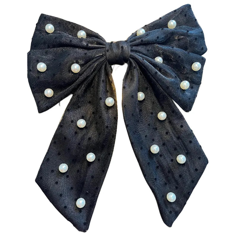 Double Layered Korean Style Colorful Sweet Large Pearl Bow Nylon Hair Clip for Women