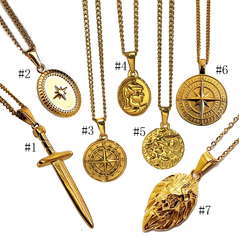 Trendy Custom 18k Gold Plated Stainless Steel North Star Necklace Jewelry Sword Pendant Compass Charm Men Lion Head Necklace