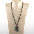 Women 6mm Natural Stone and Crystal Glass  Knotted Pic Jasper Gemstone Necklace Rhinestone Paved Sea Shells Pendant Necklace