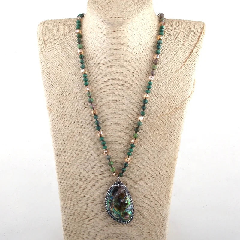 Women 6mm Natural Stone and Crystal Glass  Knotted Pic Jasper Gemstone Necklace Rhinestone Paved Sea Shells Pendant Necklace