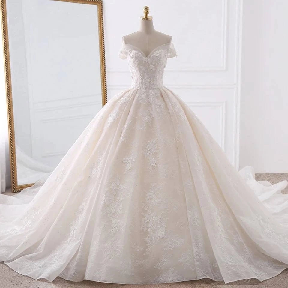 Elegant and Delicate Off-the-shoulder Large V-neck Lace Embroidered Beaded Wedding Dress