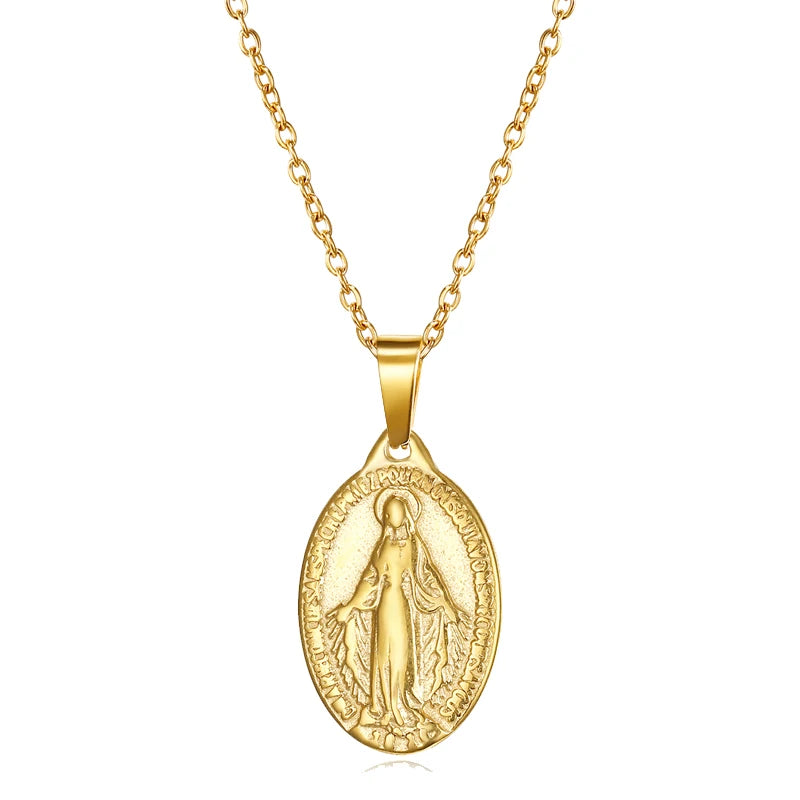 4 Sizes Madonna Mary Jewelry Christian Catholic Necklaces 18k Gold Religious Virgin Mary Oval Coin Pendant Charm Necklace