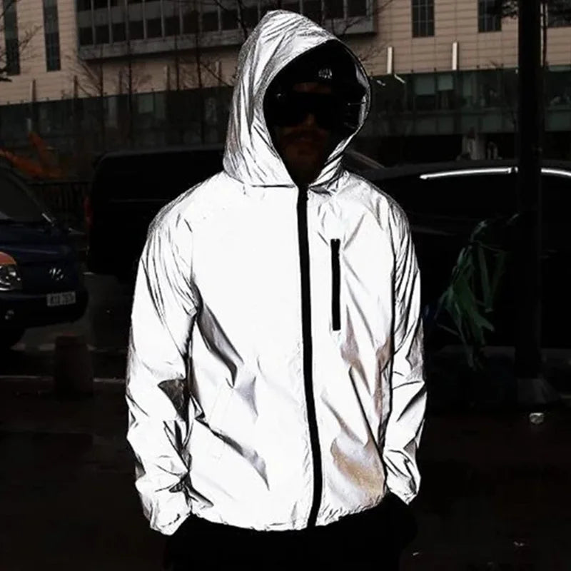 Custom logo Euro Size Flash Reflective Jacket Hooded Night Glowing Men Women Cycling Riding Coat  Zipper Running Jacket