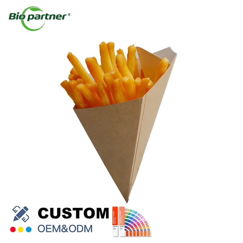Reusable Hot Food Take Away Cardboard Paper Crepe Cones French Fries Holder Kraft Dipping Sauce Compartment Foldable Takeout