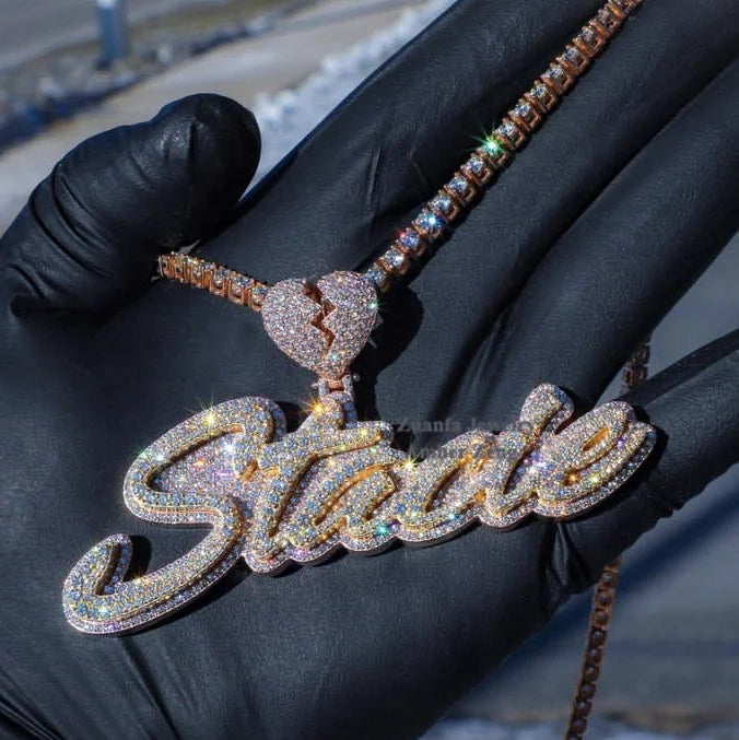 Zuanfa Iced Out 2 Inch S925 Silver Designer Heart Bail Vvs Moissante Hip Hop Jewelry Pendant Diamond Custom Name Pendant