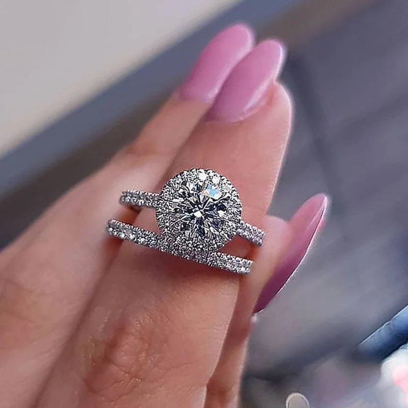 CAOSHI Custom Design 8mm Diamond CZ Silver Plated Engagement Woman Finger Rings Set Style Round Cut Rings