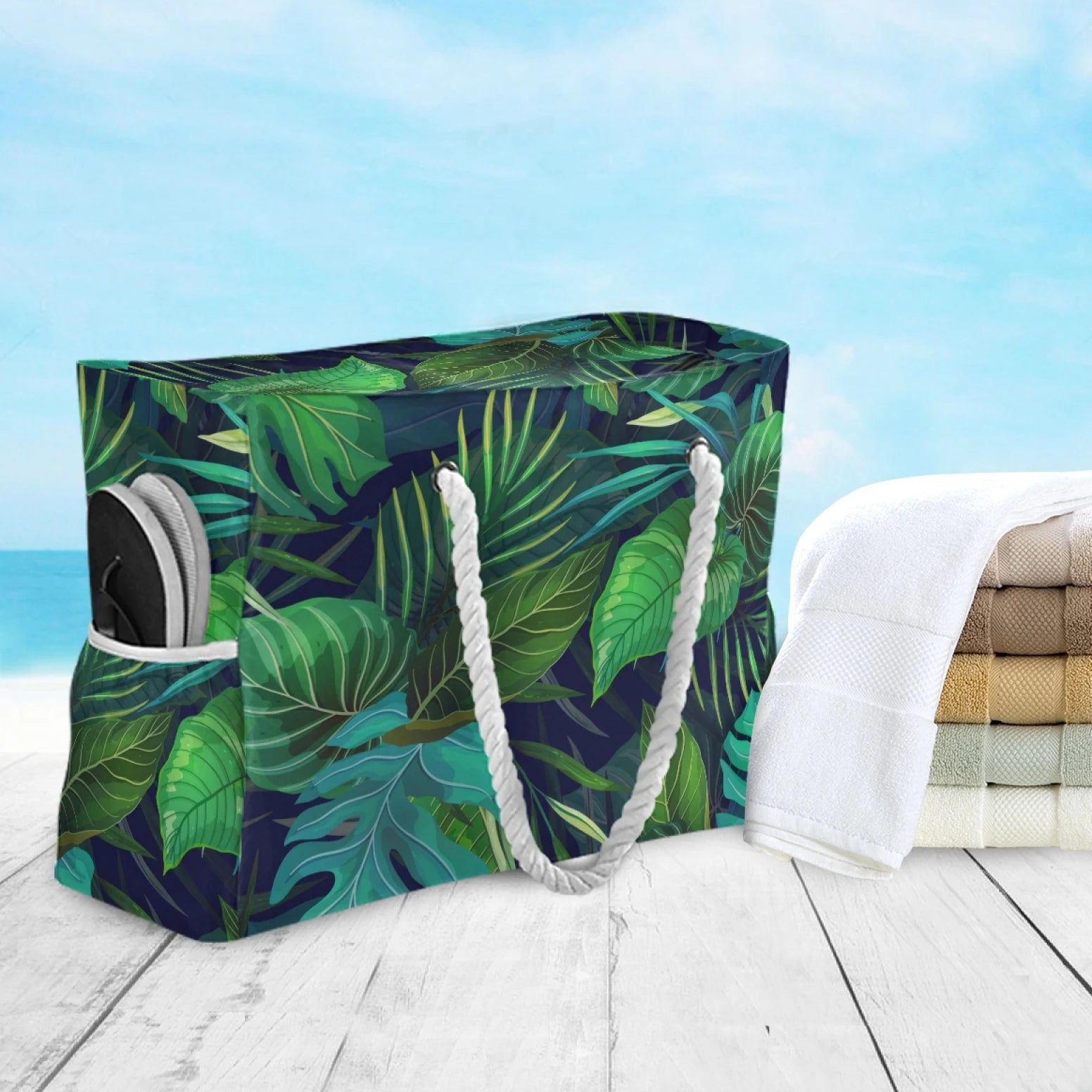 Women's Summer Canvas Beach Tote Bag Eco-Friendly Personalized Multi-Pocket Beach Bag with Rope Handles Fashionable Design