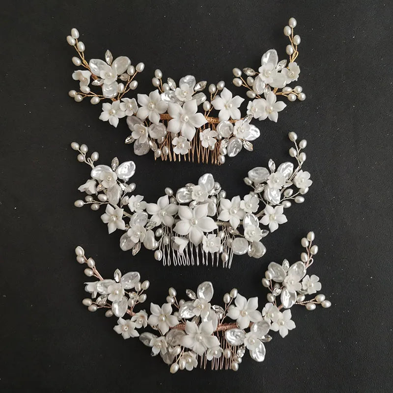 SLBRIDAL Handmade Rhinestones Pearls Ceramic Flower Leaf Bridal Hair Comb Wedding Headpieces Hair Accessories Women Jewelry