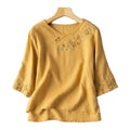 M-3XL Cotton Hemp T-shirt Summer Loose Round Neck Embroidered Top Casual Versatile 3/4 Sleeve Shirt
