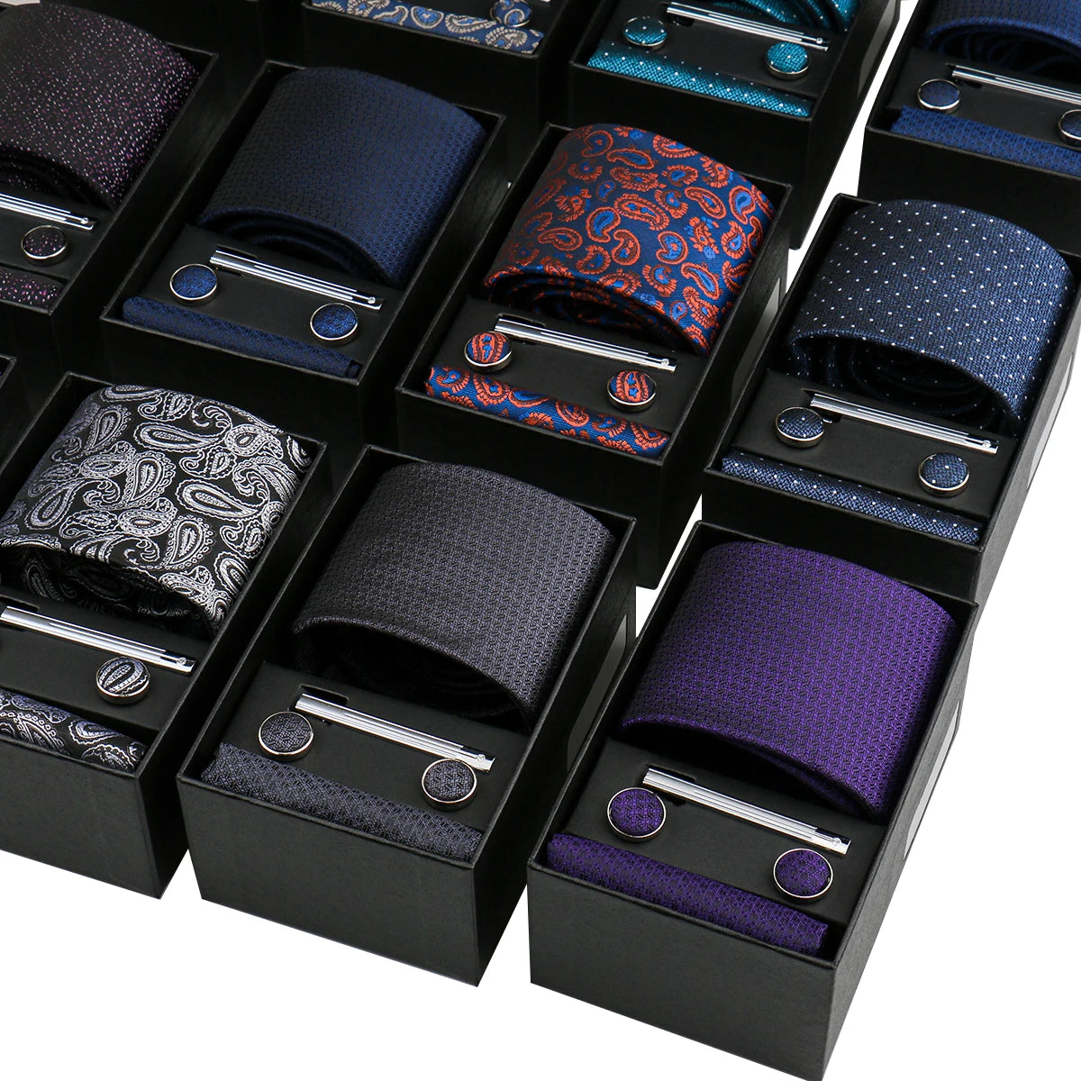 Men's Business Style Paisley Necktie Floral Polyester Tie Set With Pocket Square Clip Cufflinks in Gift Box Accessory