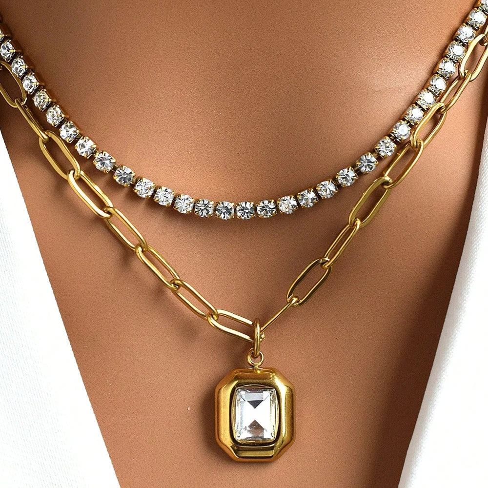 MECYLIFE Gemstone Pendant Necklace Stainless Steel Zircon Tennis Necklace Double Layer Necklace Women Fashion Paper Clip Chain
