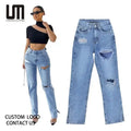 OEM Service Y2K Fashion Streetwear Women Casual High Waist Hole Straight Pants Jeans