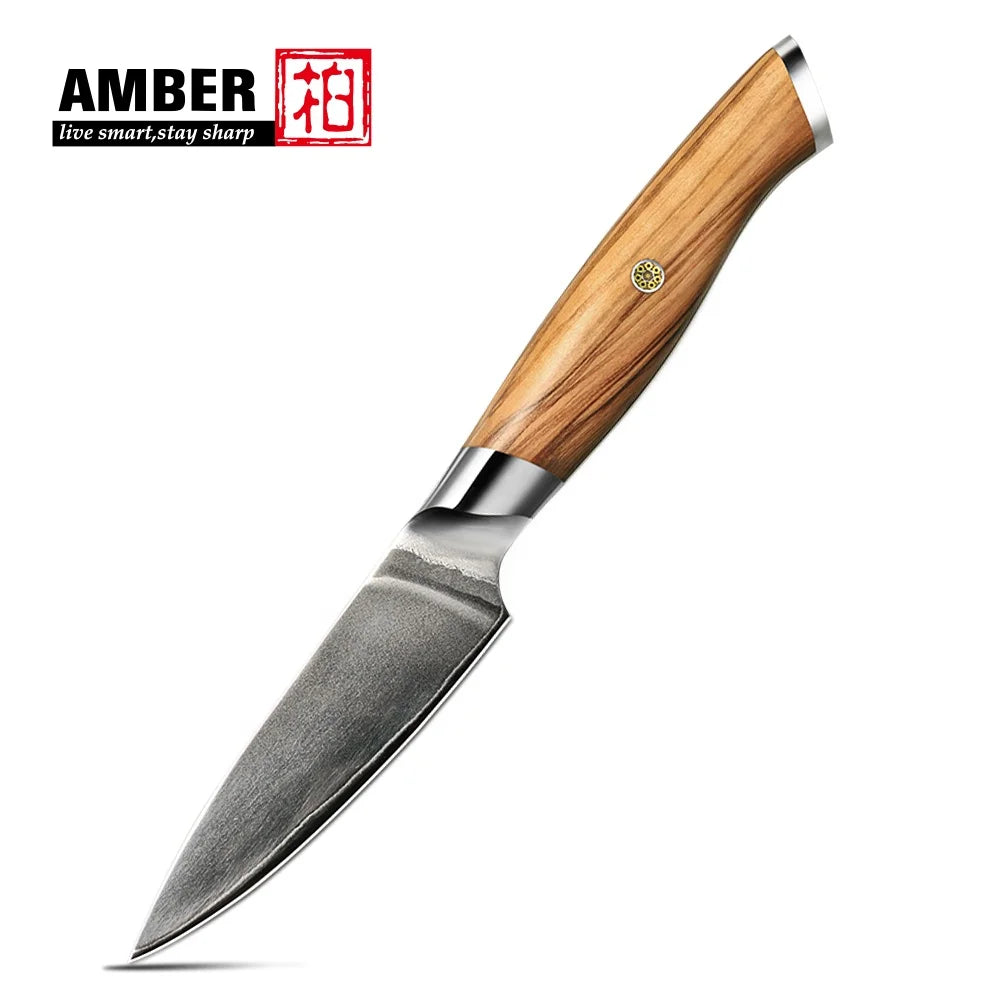 Amber Vintage Olive Wooden Handled High Carbon Steel VG10 3.5 Inch Sharp Kitchen Utility Knives for Kitchen Fruit Knife