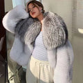Luxury Winter Warm Real Cropped Fox Fur Coat Women With Big Silver Fox Fur Collar