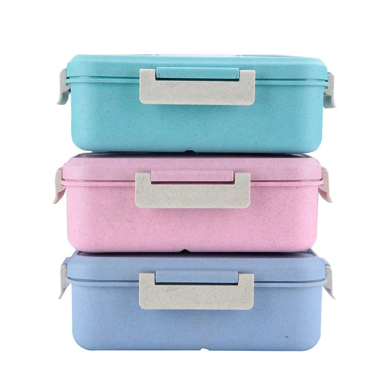Microwave Safe Bento Box Adult or Kids 3 Compartment Food Container Divided Rectangle Three Grid Wheat Straw Lunch Box