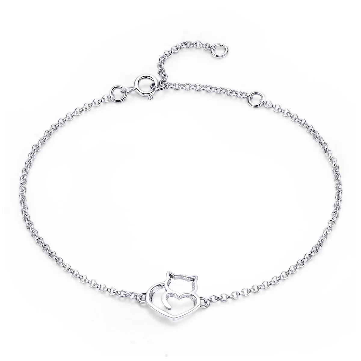 Factory 14K Rose Gold 925 Sterling Silver Cat and Heart Link Chain Bracelets for Women Authentic Silver Jewelry Gift SCB102