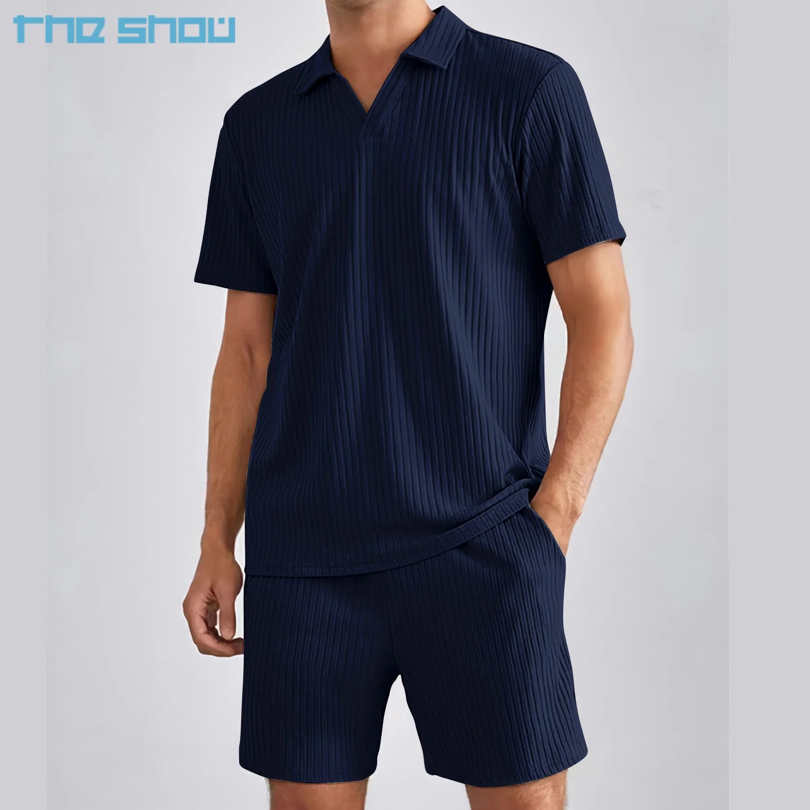 Men Outfit Two Piece Shorts Casual Breathable Textured Knitted Fabric Men's Polo Shirts 2 Piece Pants Tshirt Men's Sets