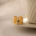 New Trendy Stainless Steel Jewelry Gift Charm 18K Gold Plated Wide Natural Stone Hollow Rings for Women