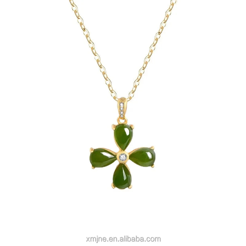 Certified S925 Silver Gold-Plated Inlaid Hetian Jade Necklace Female Jasper Four-Leaf Clover Pendant Female Jade Clavicle Chain