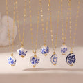 Wholesale New Chinese Retro Ceramic Pendant Necklace Blue White Porcelain with Love Flower Stainless Steel Chain Trendy Style