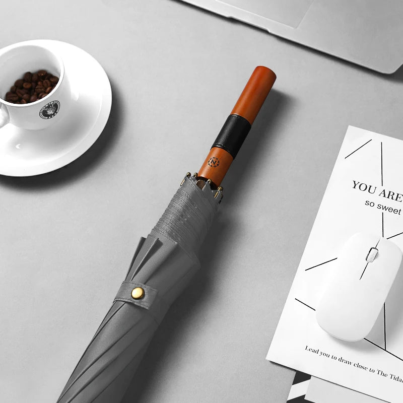 Faux PU Leather Classic Wooden Handle Auto Open Long Umbrella Double Canopy 120cm Windproof All-in-One Golf Umbrella
