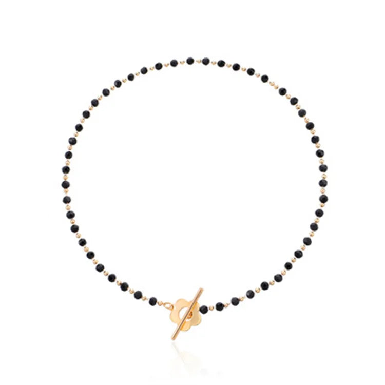 Fashion Black Crystal Beaded Necklace OT Buckle Short Blossom Shape Choker Necklace for Girls Women Elegant Jewelry Gifts