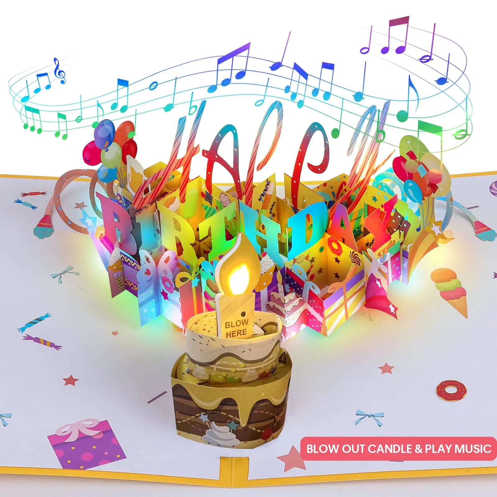 3D Love Birthday Popup Card with LED Light Candle Blow Out Music and Happy Birthday Song Handmade Paper for Kids