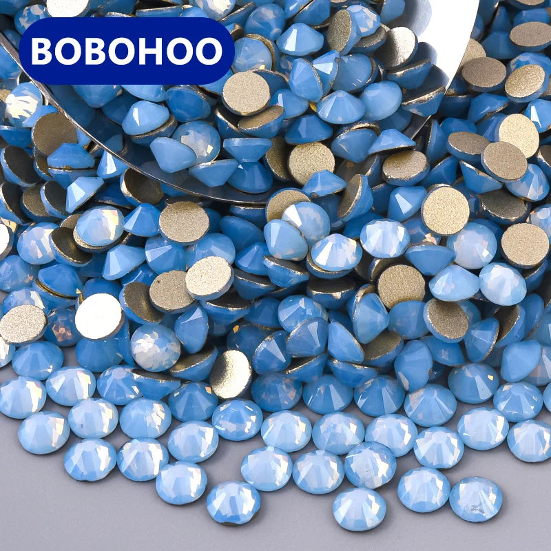 BOBOHOO Gold Base Small Bag 1440PCS Glass Rhinestones Flat Back Blue Opal Non Hot Fix for Tumbler Cup and Nail Art