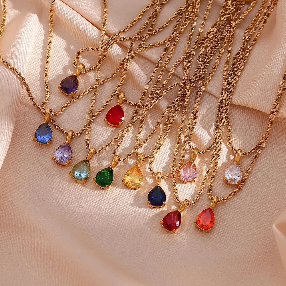 Guarantee 18k Gold Plated Rope Chain Colorful Water Drop Zircon BirthStone Necklace Tarnish Free Stainless Steel Necklace