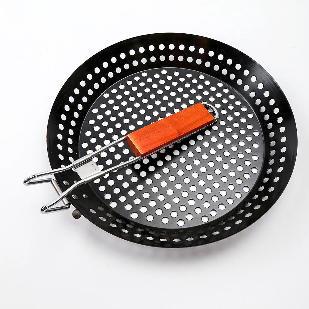 Non Stick BBQ Barbecue Grilling Skillet with Folding Handle Round Pizza Grill Pan Christmas Space Valentine Cover Custom Party