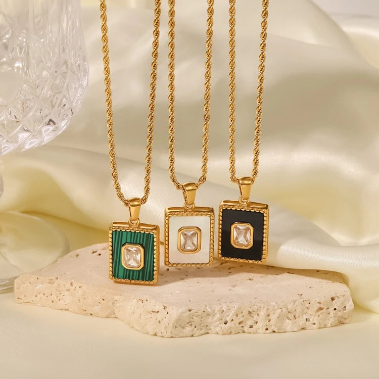 Vintage Square Malachite Inlaid White Zircon Necklace Fashion Jewelry Rope Chain Necklaces for Women