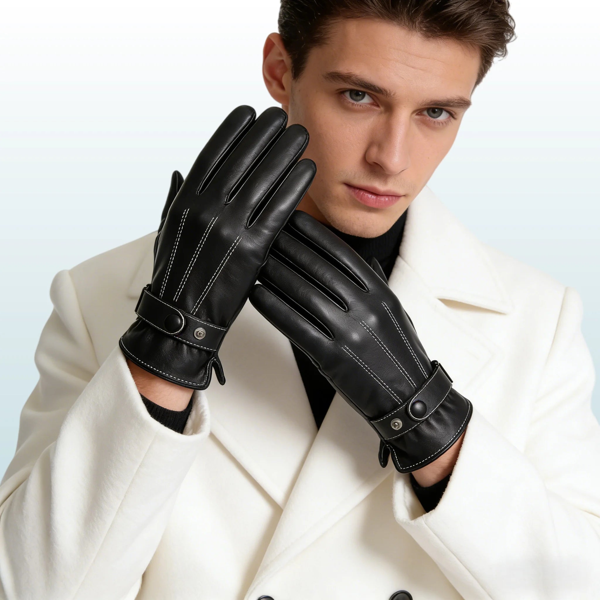 Cheap Warm Men Motorcycle Driving Black Faux Leather PU Touchscreen Gloves