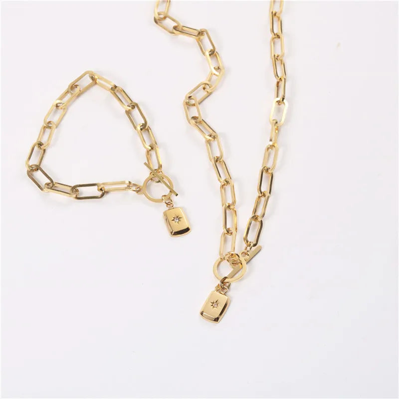 Stainless Steel Big Link Chain Gemstone Zircon Block Pendant Necklace and Bracelet Set