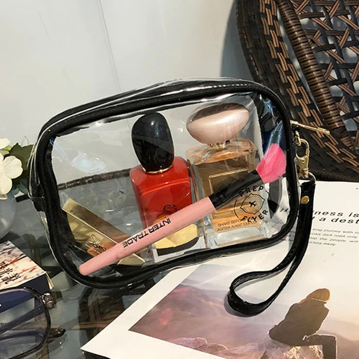 Black Custom PVC Clear Transparent Travel Storage for Toiletry Makeup Plastic Cosmetic Bag Straps Zipper Closure Foldable