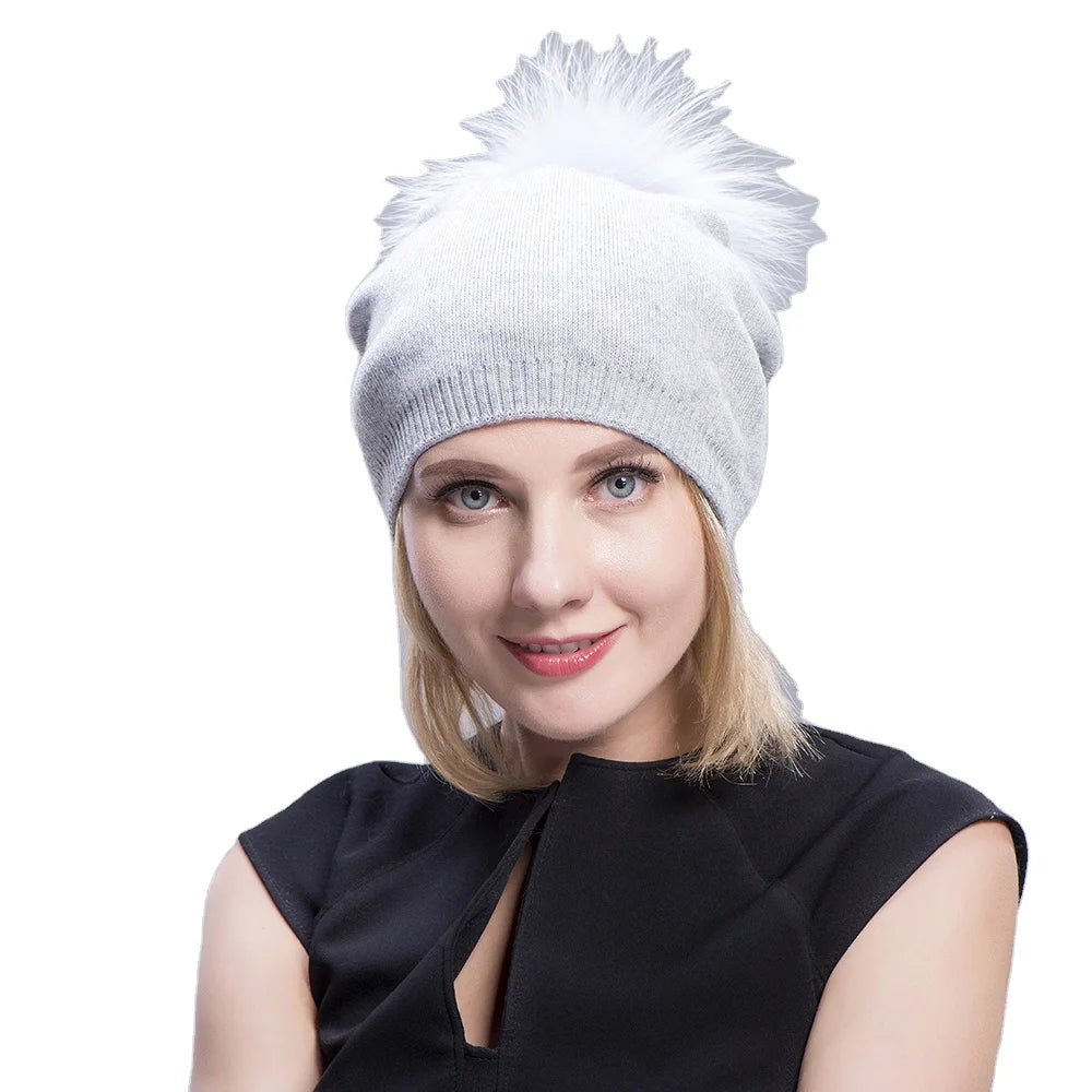 MWFur Fur Pompom Knitted Hats Cashmere Double Layer Beanies With Fox Fur Pompom Girl Fashion Winter Warm Hat With Raccoon