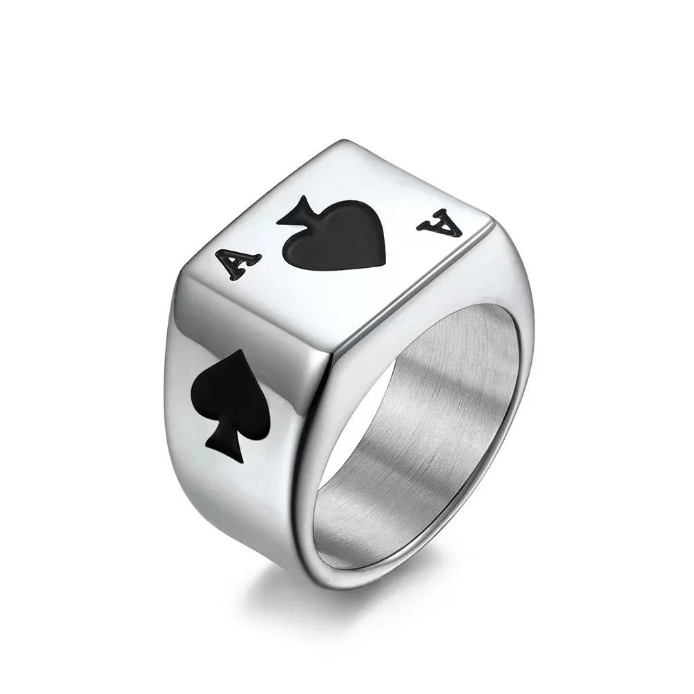 Drop Shipping Men's Stainless Steel Ring Silver Tone Black Ace of Spades Poker Card