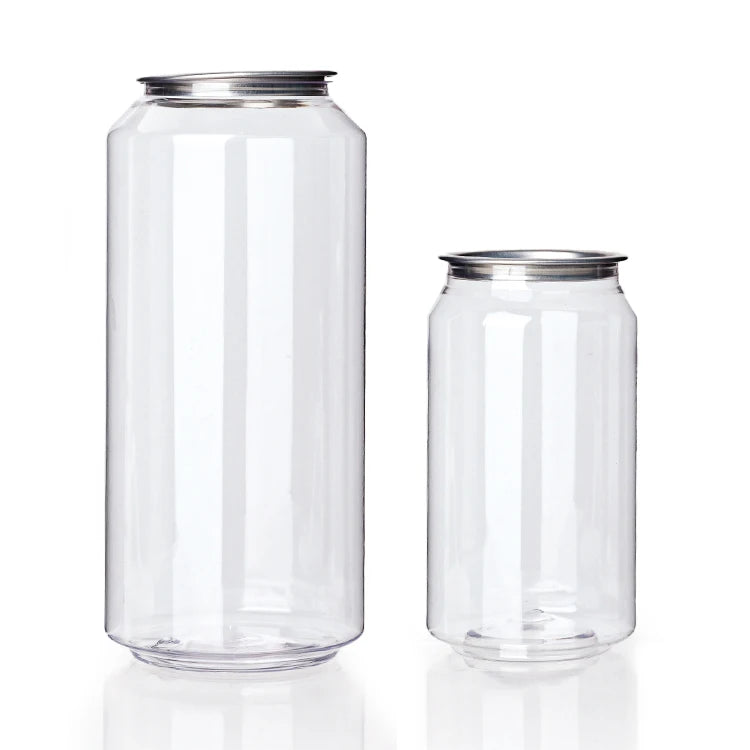 Transparent Pet Easy Open Plastic Can With Aluminium Lid for Soft Drinking Juice Soda Bottle