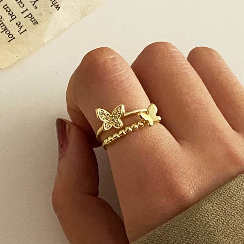 XT-102 Wholesale Fashion Finger Jewelry Open Cuff Rings Adjustable Gold Crystal Metal Alloy Butterfly Ring Women