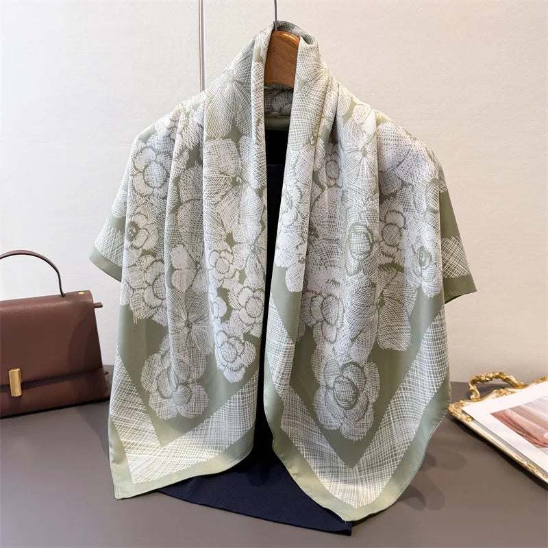 Custom Designs Ready to Ship Imitation Twill Silk 90*90cm Square Scarf Elegant Flower Pattern Bandanas for Women Silk Scarves