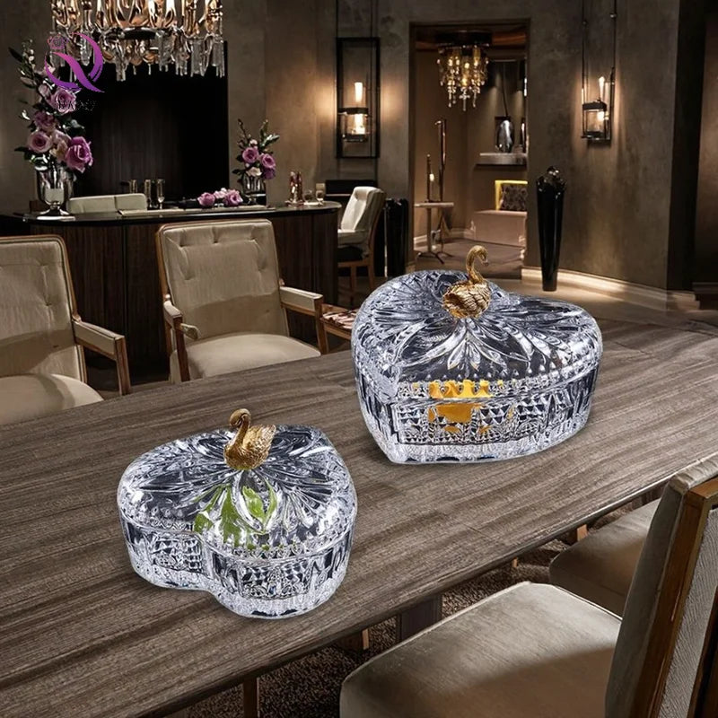 Metal Swan Clear Crystal Jewelry Box Parrot Bird Decorative Jar Heart Shape Crystal Candy Storage Box for Modern Home Decoration
