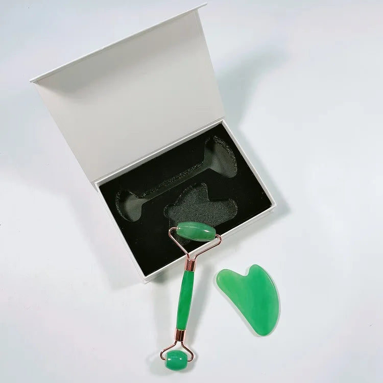 Huiying Cheap Green Aventurine Roller And Guasha In A Box Jade Guasha Face Beauty Equipment Kit