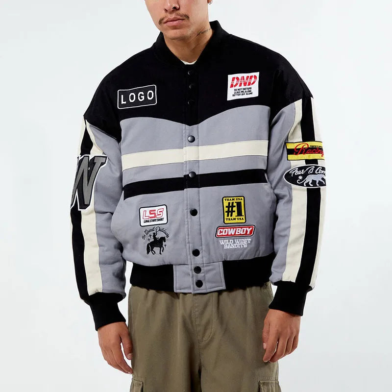 Custom Logo Satin Bomber Jackets Embroidery Patch Letterman Racing Jacket