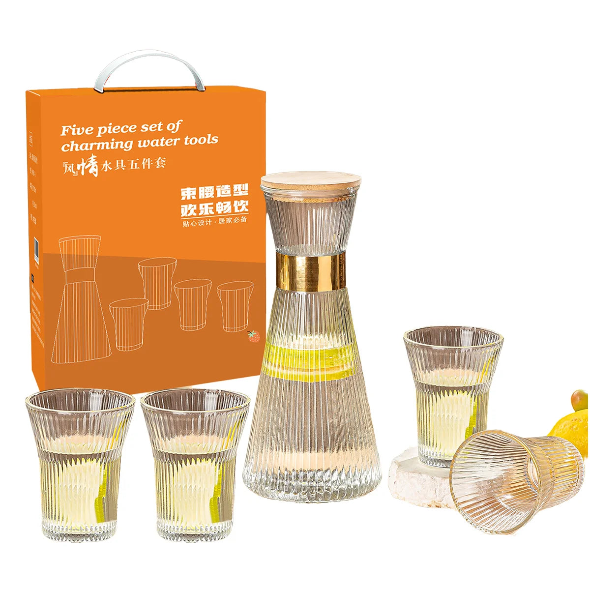 Vintage Ribbed Nightstand Carafe Bedside Water Glass Cups Set with Lid Pitcher for Drinking Glassware Tea Pots & Kettles
