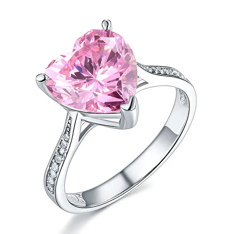 Jewelry Manufacturer Fine Jewelry Custom Pink Heart Shape Diamond Wedding Ring for Women 925 Sterling Silver Cubic Zirconia Ring