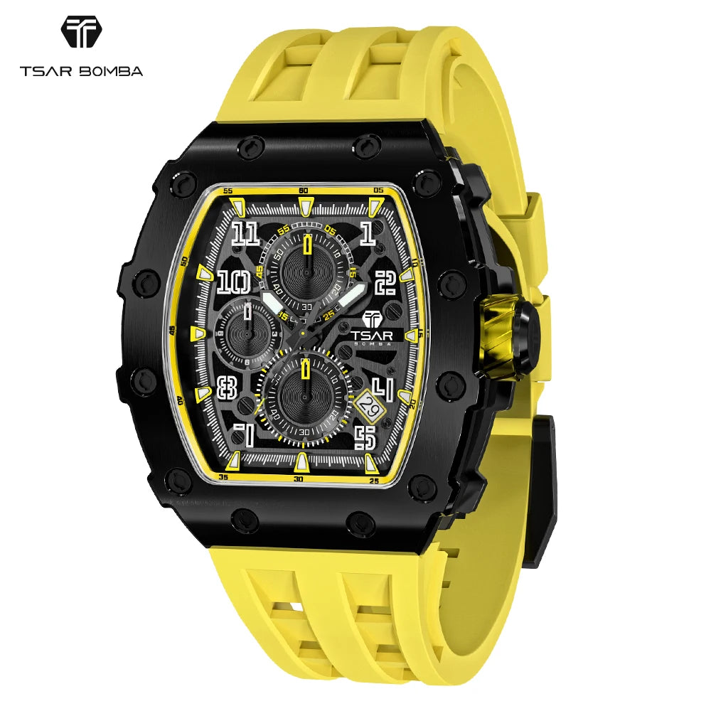 2023 TSAR BOMBA Fashion Luxury Quartz Seiko Chronograph Tonneau Wristwatch Men Stainless Steel Case Sapphire Crystal 5ATM